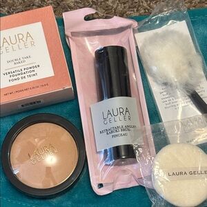 LAURA GELLER Double Take Powder Foundation MEDIUM and Brushes LOT, NEW